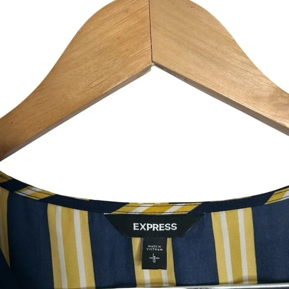 EXPRESS Yellow Navy Stripe Long Sleeve Front Knot Cocktail Flowy Dress Large - Picture 3 of 7
